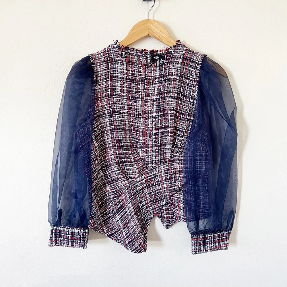 Zara Tweed Blue Red Organza Blouse Top - Picture 3 of 7